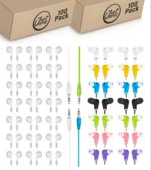 200-Pack Bulk Wired Earbuds Bundle: 100 Simple White Earphones   100 Multi-Color Wired Earphones | Disposable Headphones for Kids, Schools, Classrooms, Libraries, and Offices