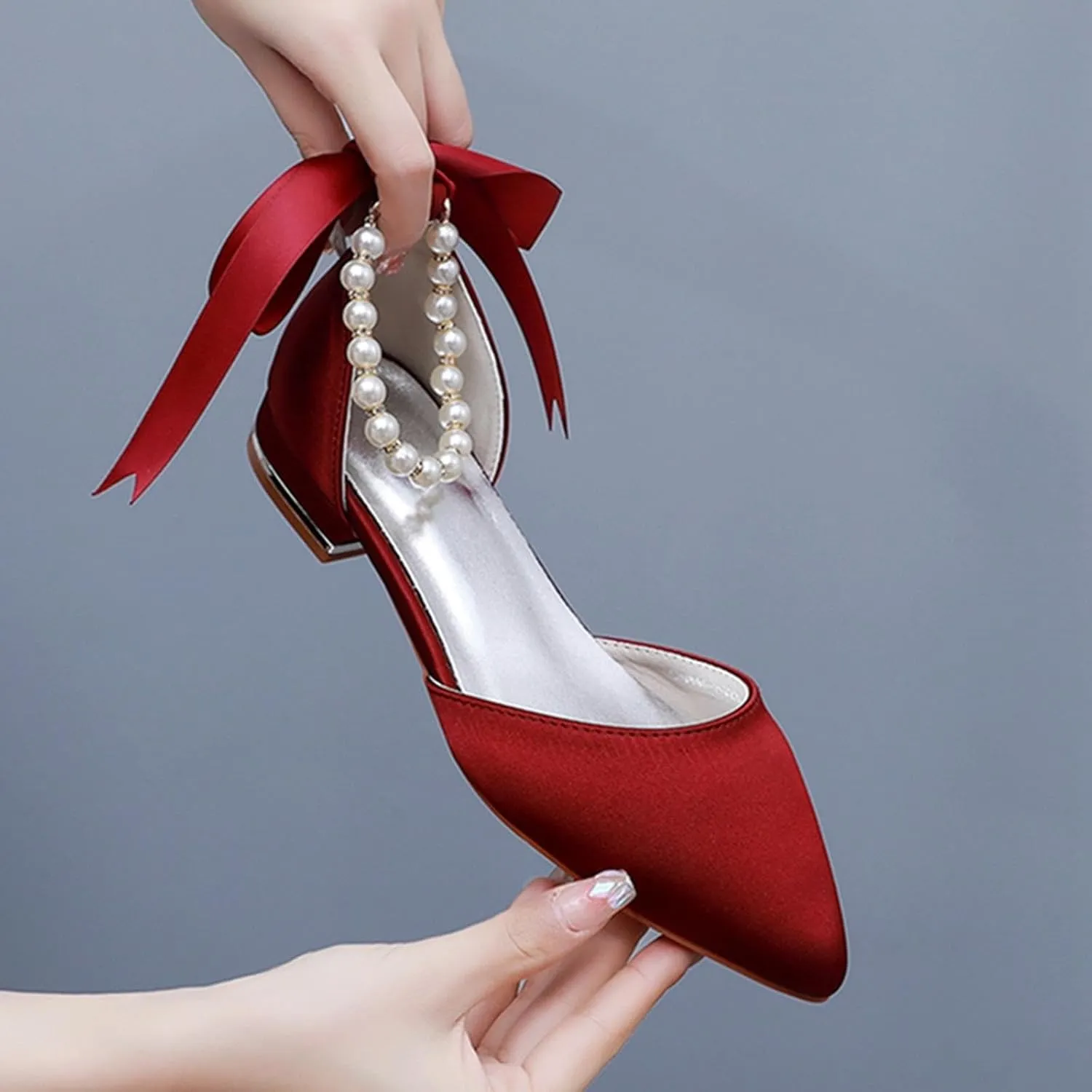 2cm Flat Heel Pointed-Toe Hollowed Sandals Low Heel Low-Cut White Satin Beaded Ribbon Bridal Wedding Clothes Shoes