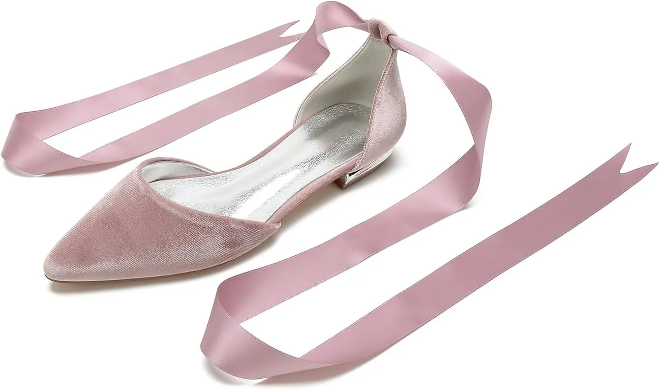 ADMLZQQ Women Classic Pointed Toe Wedding Flat Sandals Velvet Ankle Strap Low Heel Dress Shoes