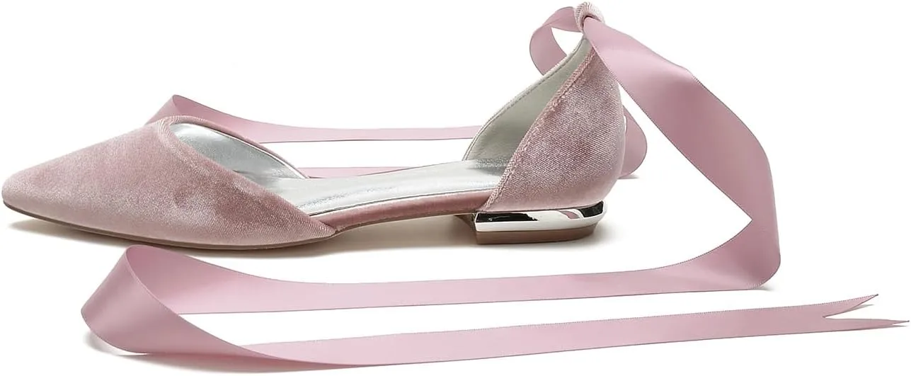 ADMLZQQ Women Classic Pointed Toe Wedding Flat Sandals Velvet Ankle Strap Low Heel Dress Shoes