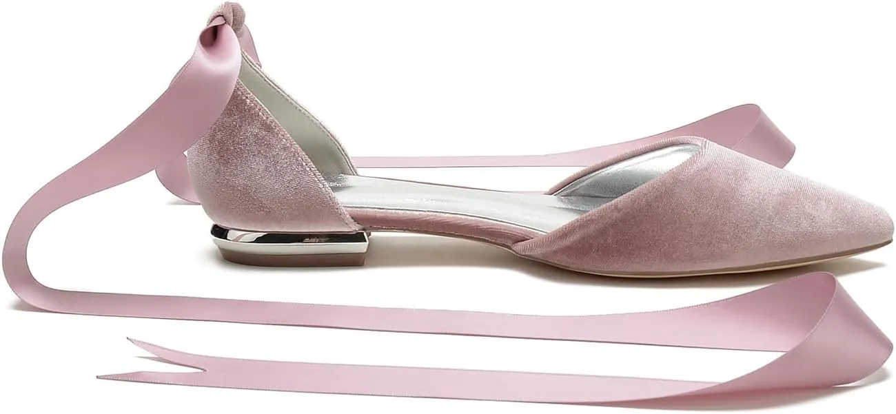 ADMLZQQ Women Classic Pointed Toe Wedding Flat Sandals Velvet Ankle Strap Low Heel Dress Shoes