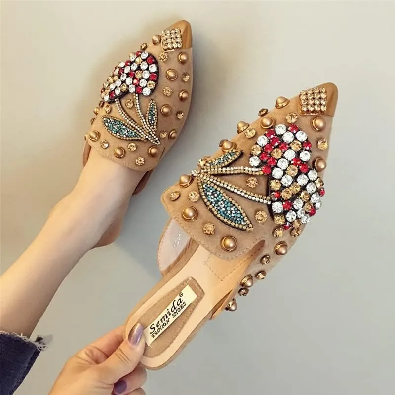 AINIJIA&HOLO Luxurious Rhinestone Cherry Metal Pointed Toe Flat Shoes,Bridal Wedding Shoes Work Casual Slip-On Dress Shoes