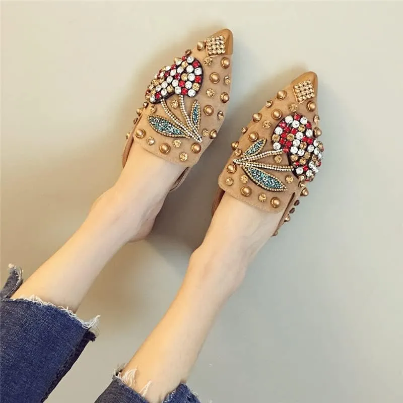 AINIJIA&HOLO Luxurious Rhinestone Cherry Metal Pointed Toe Flat Shoes,Bridal Wedding Shoes Work Casual Slip-On Dress Shoes