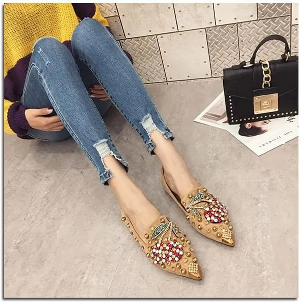 AINIJIA&HOLO Luxurious Rhinestone Cherry Metal Pointed Toe Flat Shoes,Bridal Wedding Shoes Work Casual Slip-On Dress Shoes