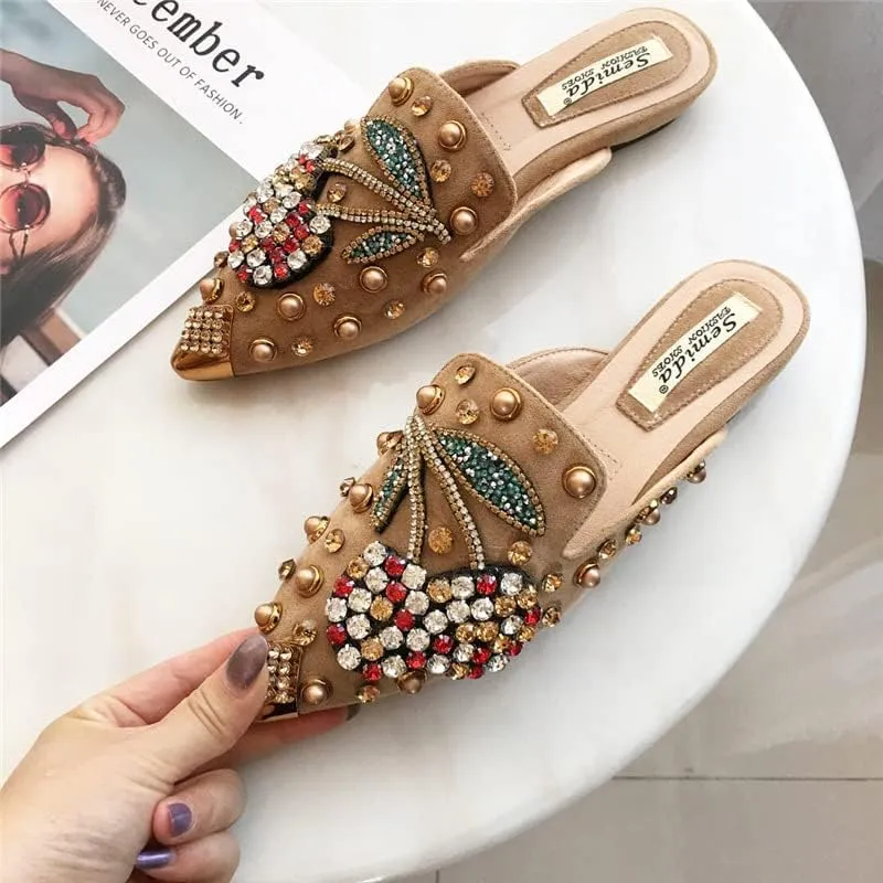 AINIJIA&HOLO Luxurious Rhinestone Cherry Metal Pointed Toe Flat Shoes,Bridal Wedding Shoes Work Casual Slip-On Dress Shoes