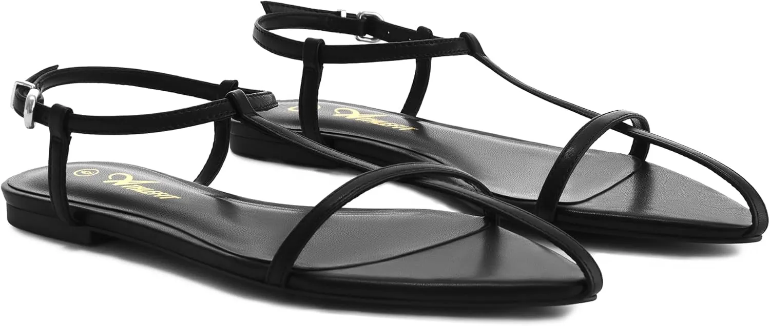 Athlefit Flat Sandals for Women Comfortable Buckle Strappy Sandals Pointed Open Toe Ankle Strap Sandals