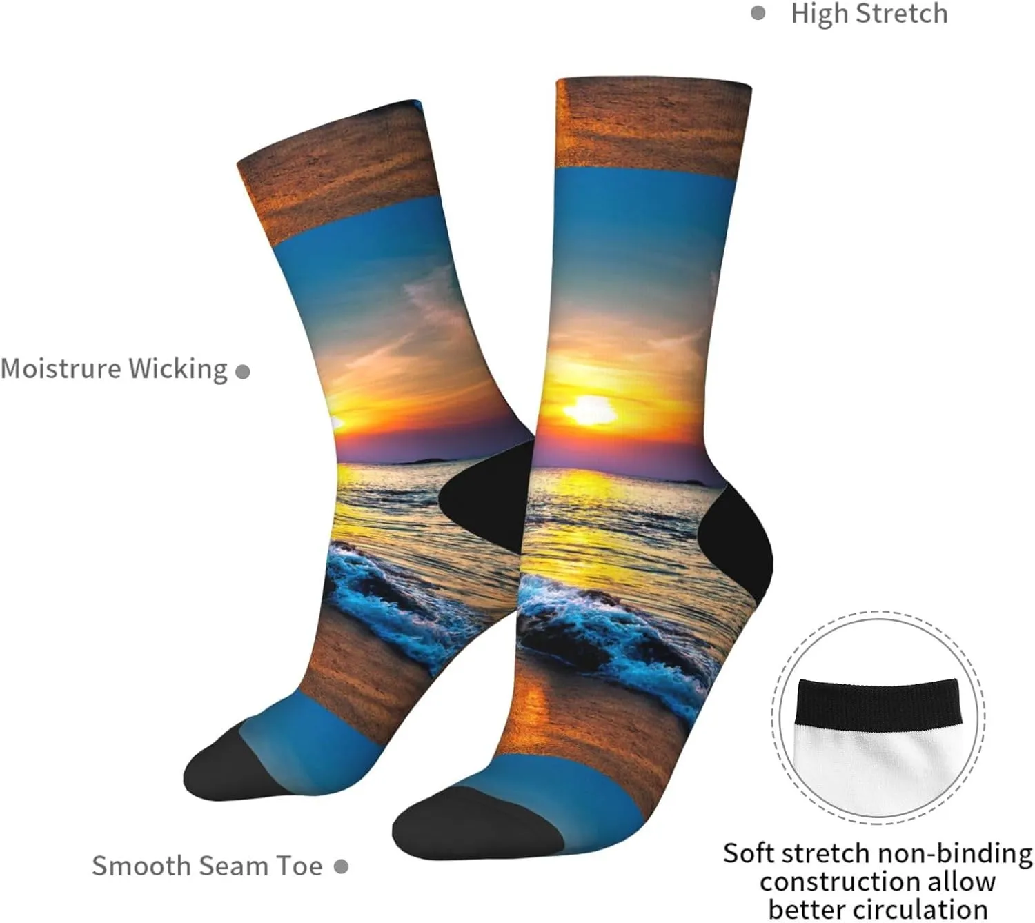 Beach And Sunset Print Crew Socks Unisex Socks Tall,Thick Long Socks Everyday Contrasting Colored Socks