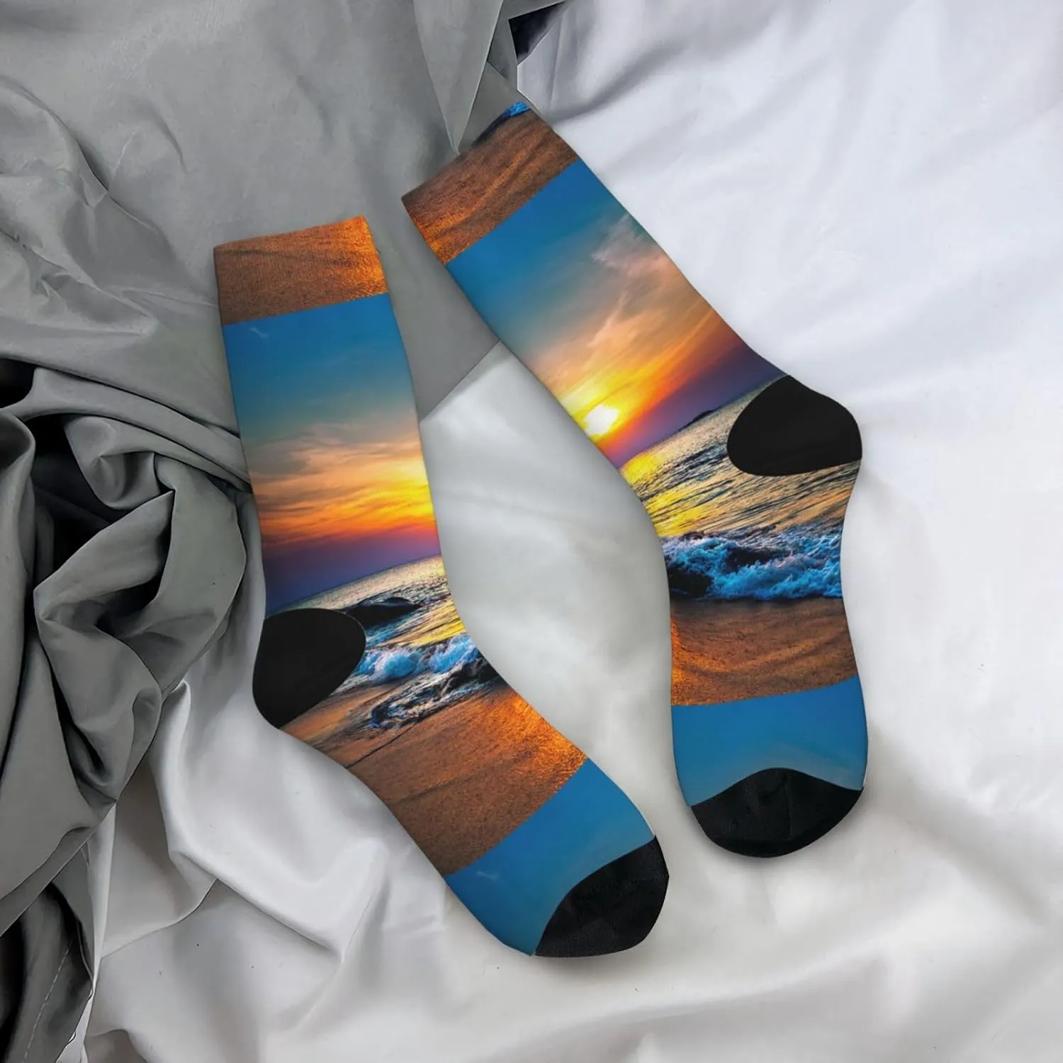 Beach And Sunset Print Crew Socks Unisex Socks Tall,Thick Long Socks Everyday Contrasting Colored Socks