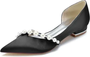 Bridal Shoes for The Bride Flats Satin Pearl Pointed Toe Closed Toe Low Heels Dress Shoes Wedding Sandals for Bridesmaids
