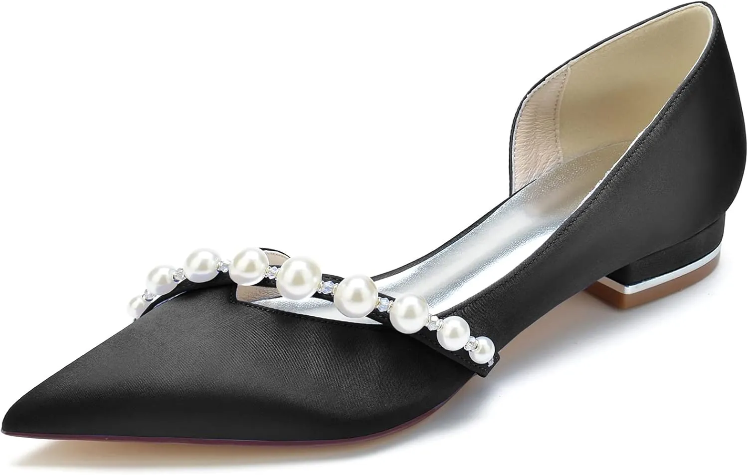 Bridal Shoes for The Bride Flats Satin Pearl Pointed Toe Closed Toe Low Heels Dress Shoes Wedding Sandals for Bridesmaids