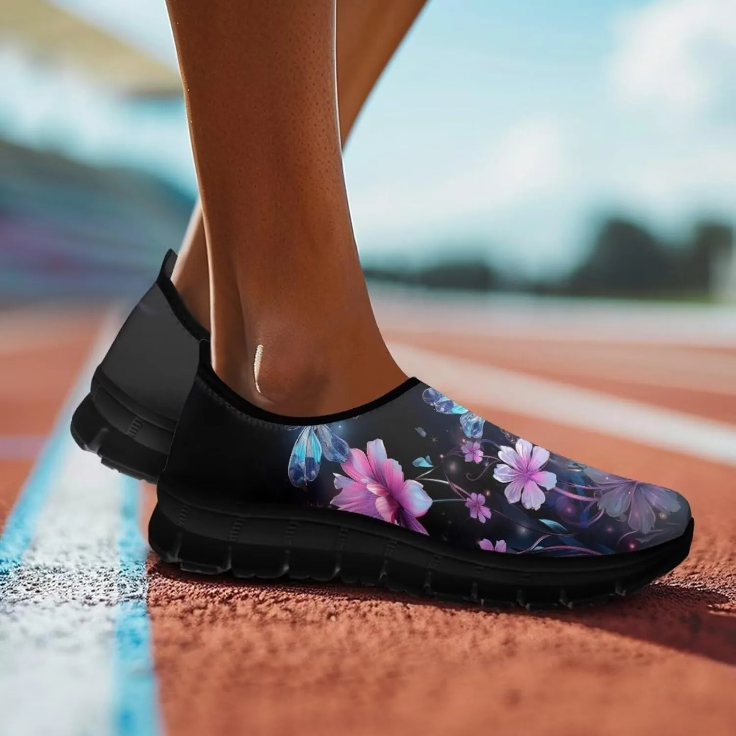 Butterfly Dragonfly Flower Print Women's Slip on Shoes Loafer Mesh Running Shoes Nurse Walking Sneakers Memory Foam Casual Sock Shoes for Camping