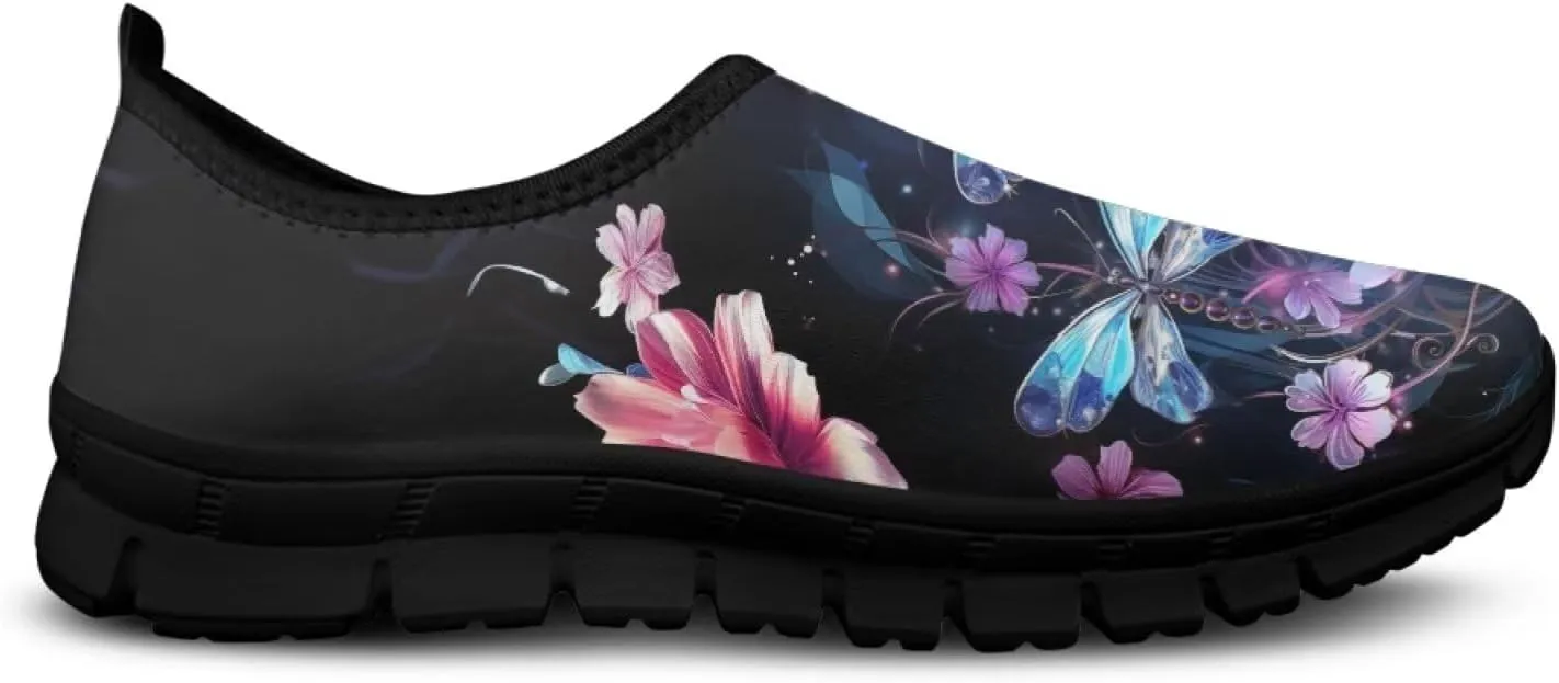 Butterfly Dragonfly Flower Print Women's Slip on Shoes Loafer Mesh Running Shoes Nurse Walking Sneakers Memory Foam Casual Sock Shoes for Camping