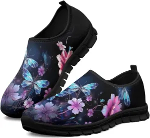 Butterfly Dragonfly Flower Print Women's Slip on Shoes Loafer Mesh Running Shoes Nurse Walking Sneakers Memory Foam Casual Sock Shoes for Camping