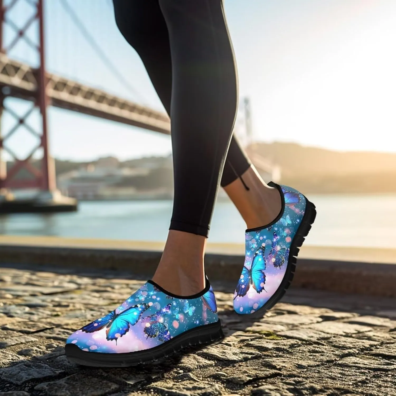 Butterfly Dragonfly Flower Print Women's Slip on Shoes Loafer Mesh Running Shoes Nurse Walking Sneakers Memory Foam Casual Sock Shoes for Camping