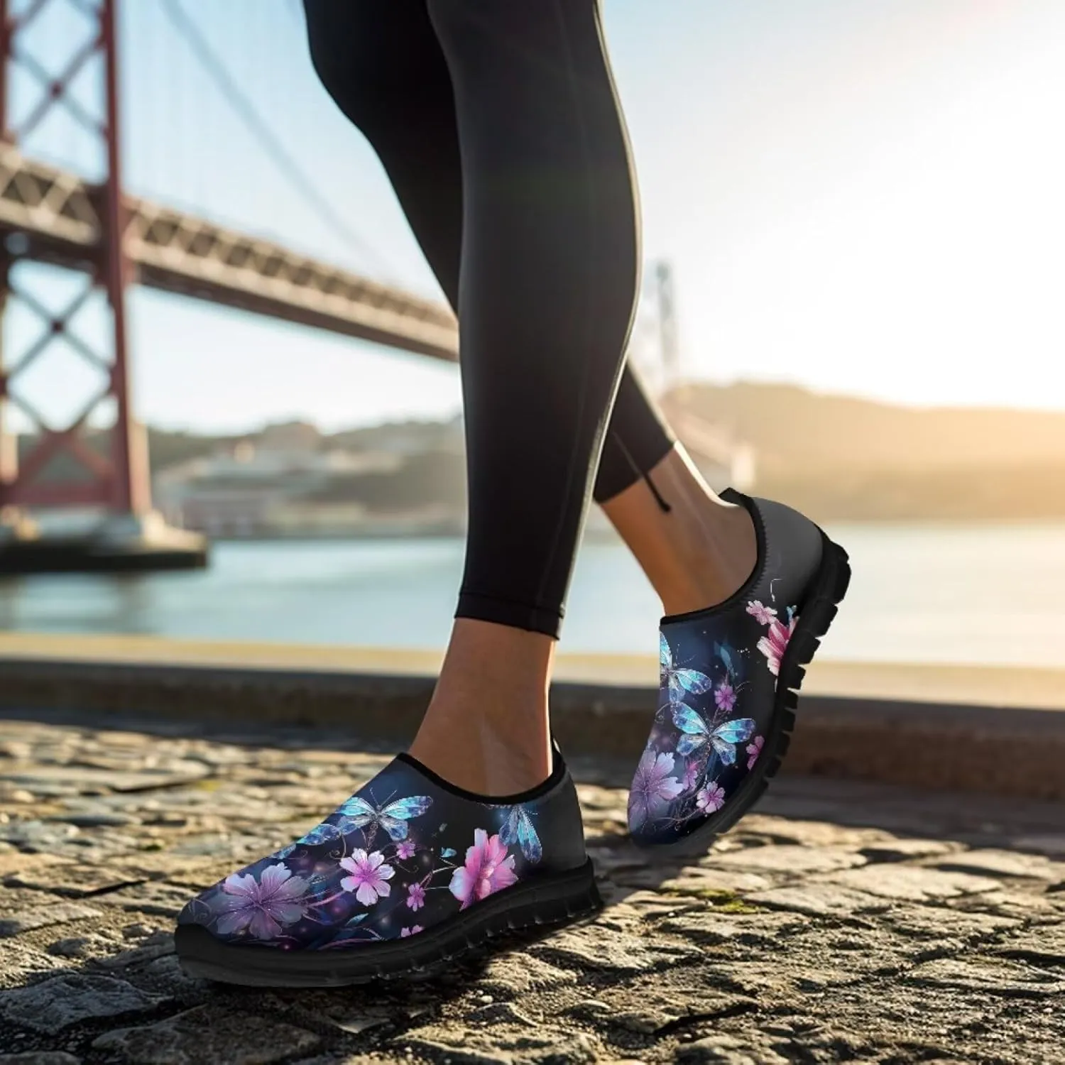 Butterfly Dragonfly Flower Print Women's Slip on Shoes Loafer Mesh Running Shoes Nurse Walking Sneakers Memory Foam Casual Sock Shoes for Camping