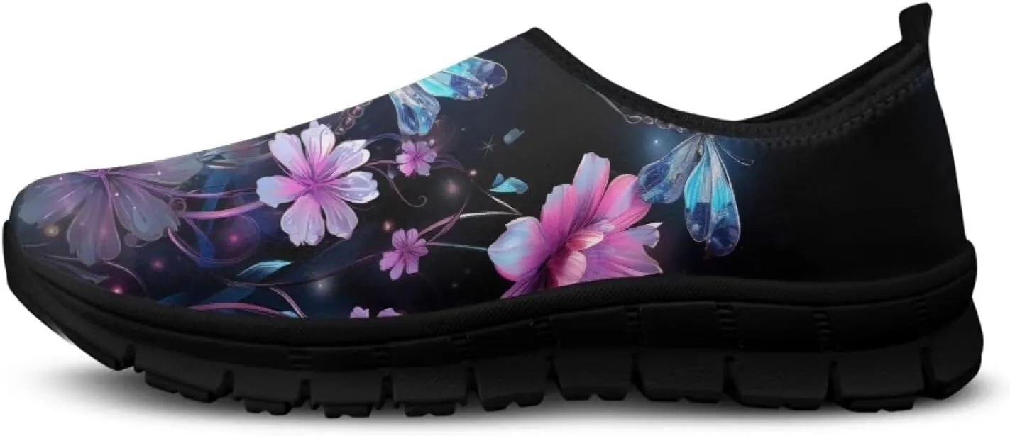 Butterfly Dragonfly Flower Print Women's Slip on Shoes Loafer Mesh Running Shoes Nurse Walking Sneakers Memory Foam Casual Sock Shoes for Camping