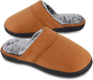 DL Men's Memory Foam Slippers with Fuzzy Plush Lining, Slip on House Slippers with Indoor Outdoor Anti-Skid Rubber Sole