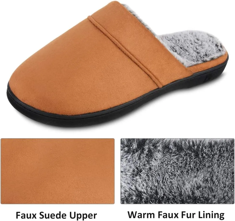 DL Men's Memory Foam Slippers with Fuzzy Plush Lining, Slip on House Slippers with Indoor Outdoor Anti-Skid Rubber Sole