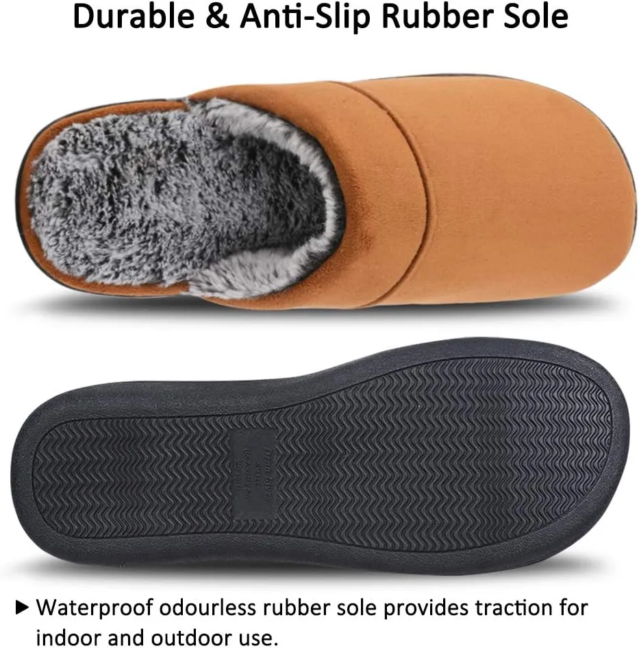 DL Men's Memory Foam Slippers with Fuzzy Plush Lining, Slip on House Slippers with Indoor Outdoor Anti-Skid Rubber Sole