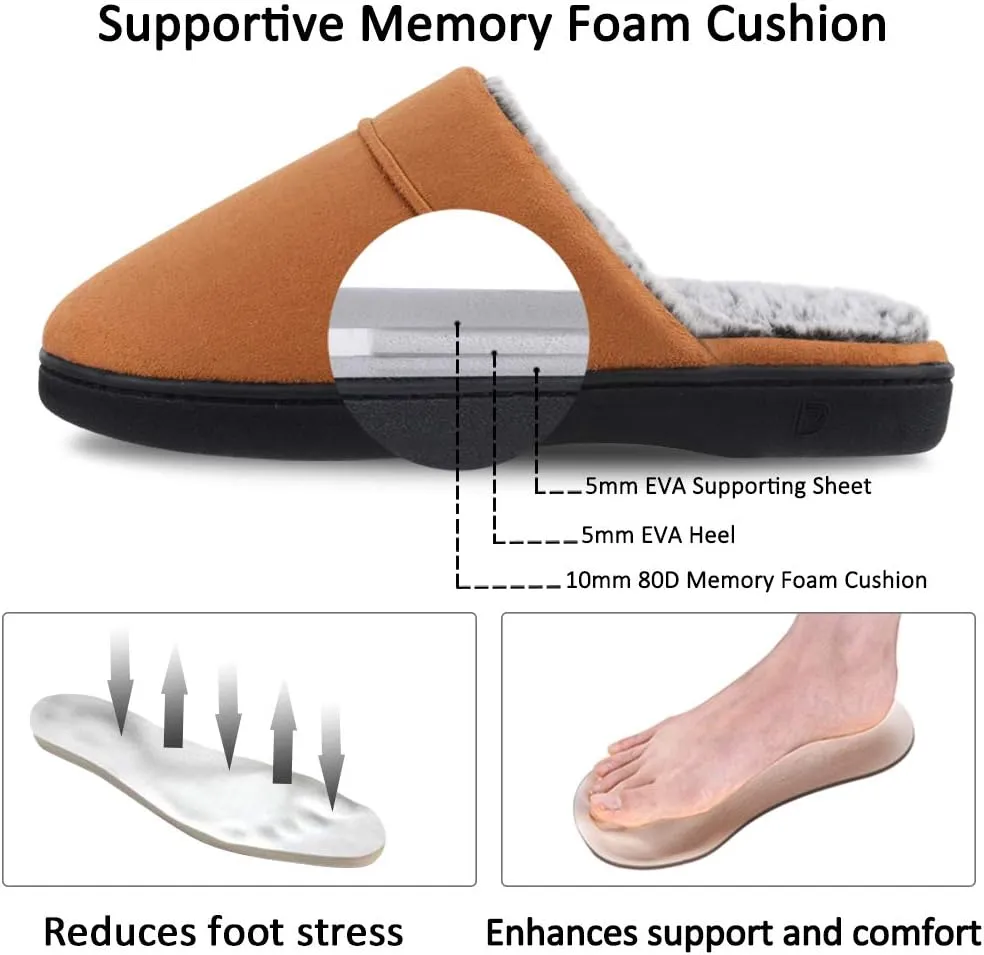 DL Men's Memory Foam Slippers with Fuzzy Plush Lining, Slip on House Slippers with Indoor Outdoor Anti-Skid Rubber Sole