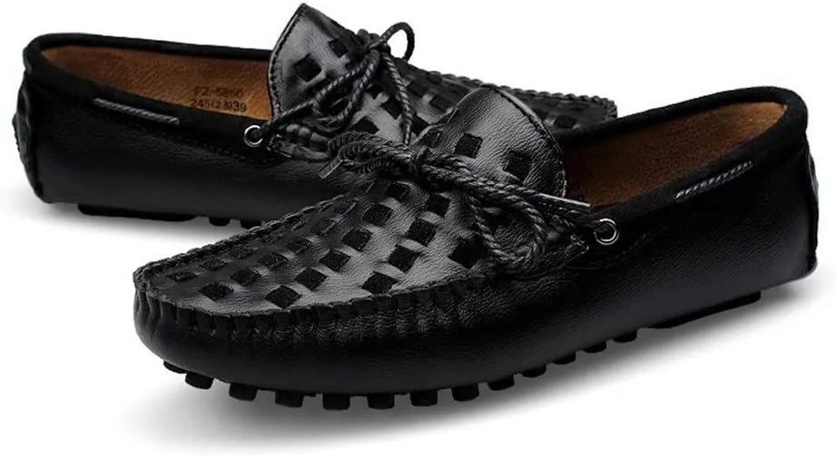 Driving Loafer for Men Boat Moccasins Slip On Style Cowhide Leather Breathable Hand-Woven Upper Bowknotdecor