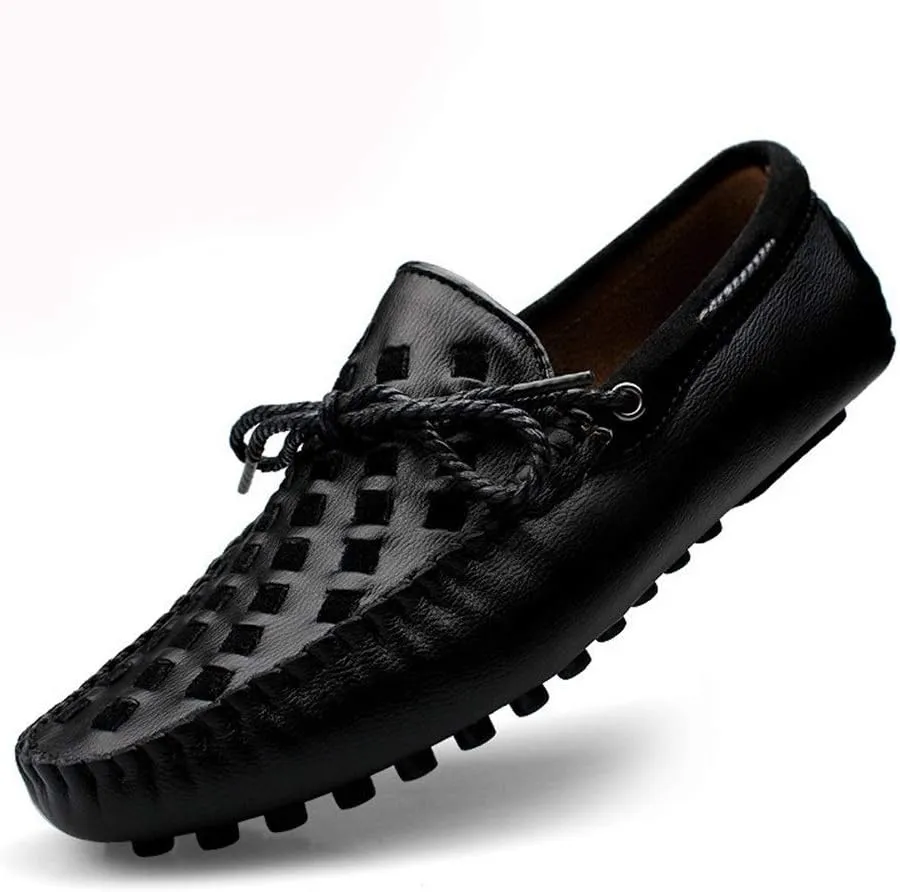 Driving Loafer for Men Boat Moccasins Slip On Style Cowhide Leather Breathable Hand-Woven Upper Bowknotdecor