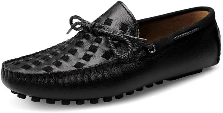 Driving Loafer for Men Boat Moccasins Slip On Style Cowhide Leather Breathable Hand-Woven Upper Bowknotdecor