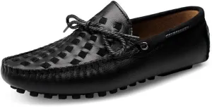 Driving Loafer for Men Boat Moccasins Slip On Style Cowhide Leather Breathable Hand-Woven Upper Bowknotdecor