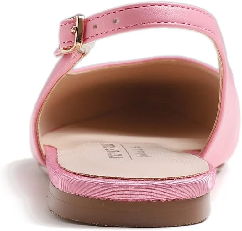 FEVERSOLE Pointed Toe Casual Slingback Flat Mules Women's Fashion Buckle Strap Slide Summer Slippers