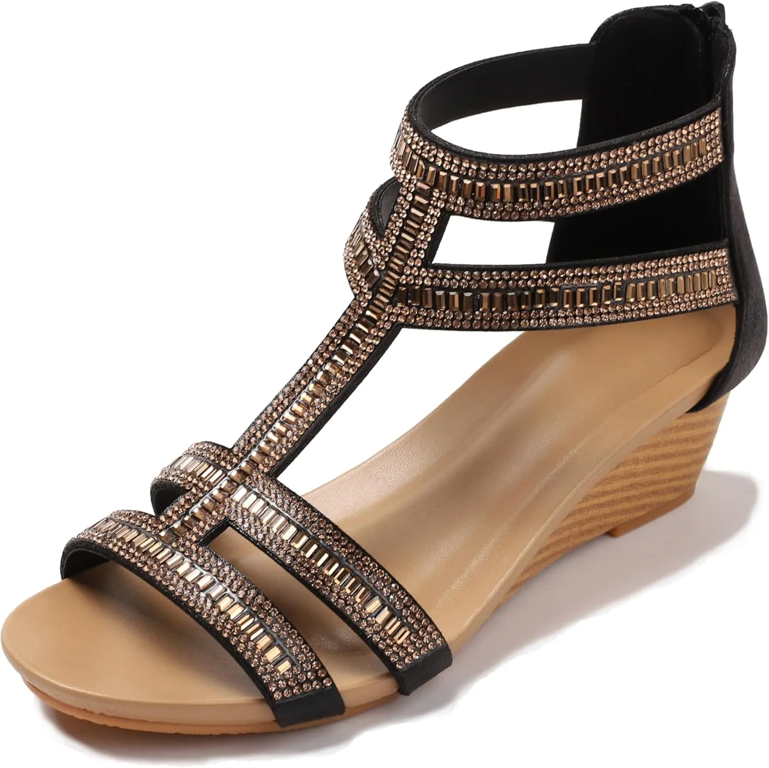 FRALOSHA Wedge Sandals for Women Ankle Strap Rhinestone Sandal Dressy Summer Heel Beach Casual Shoes