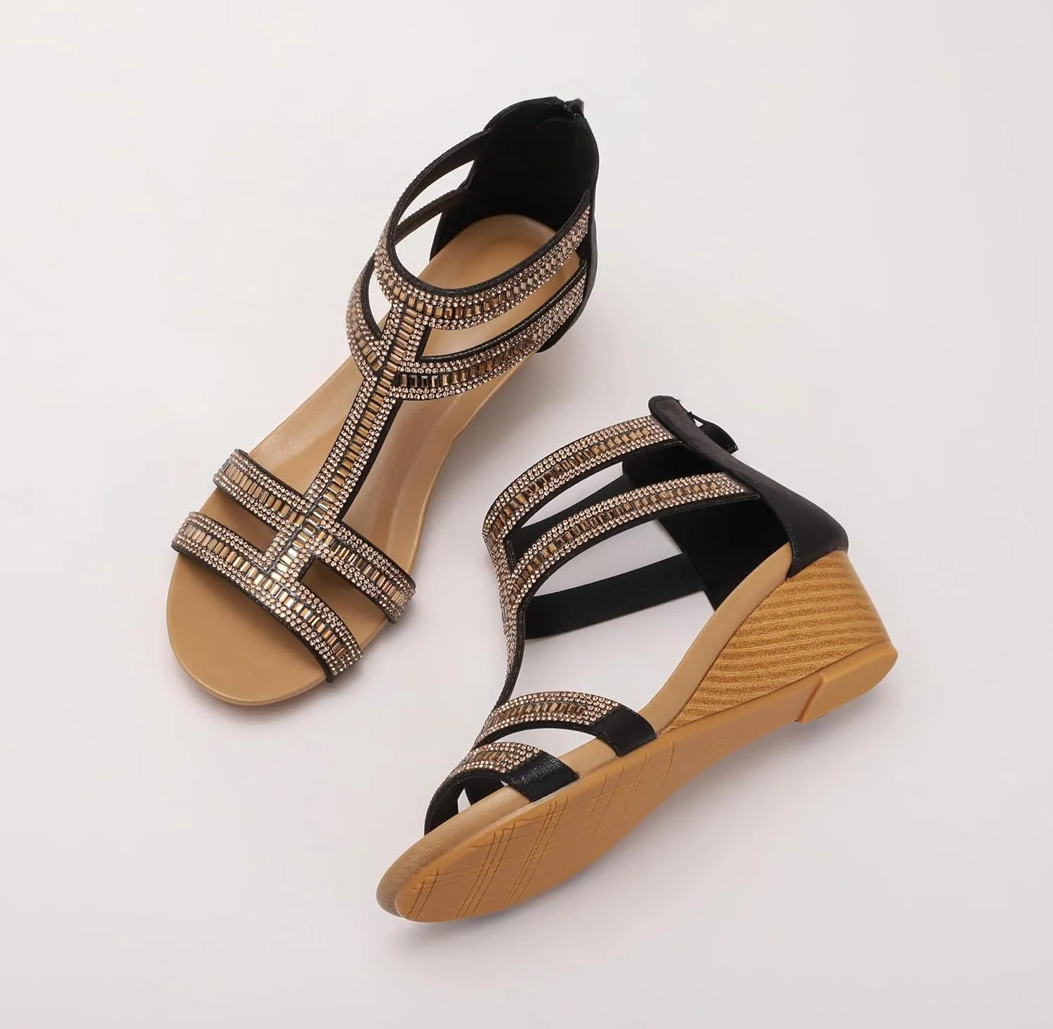 FRALOSHA Wedge Sandals for Women Ankle Strap Rhinestone Sandal Dressy Summer Heel Beach Casual Shoes