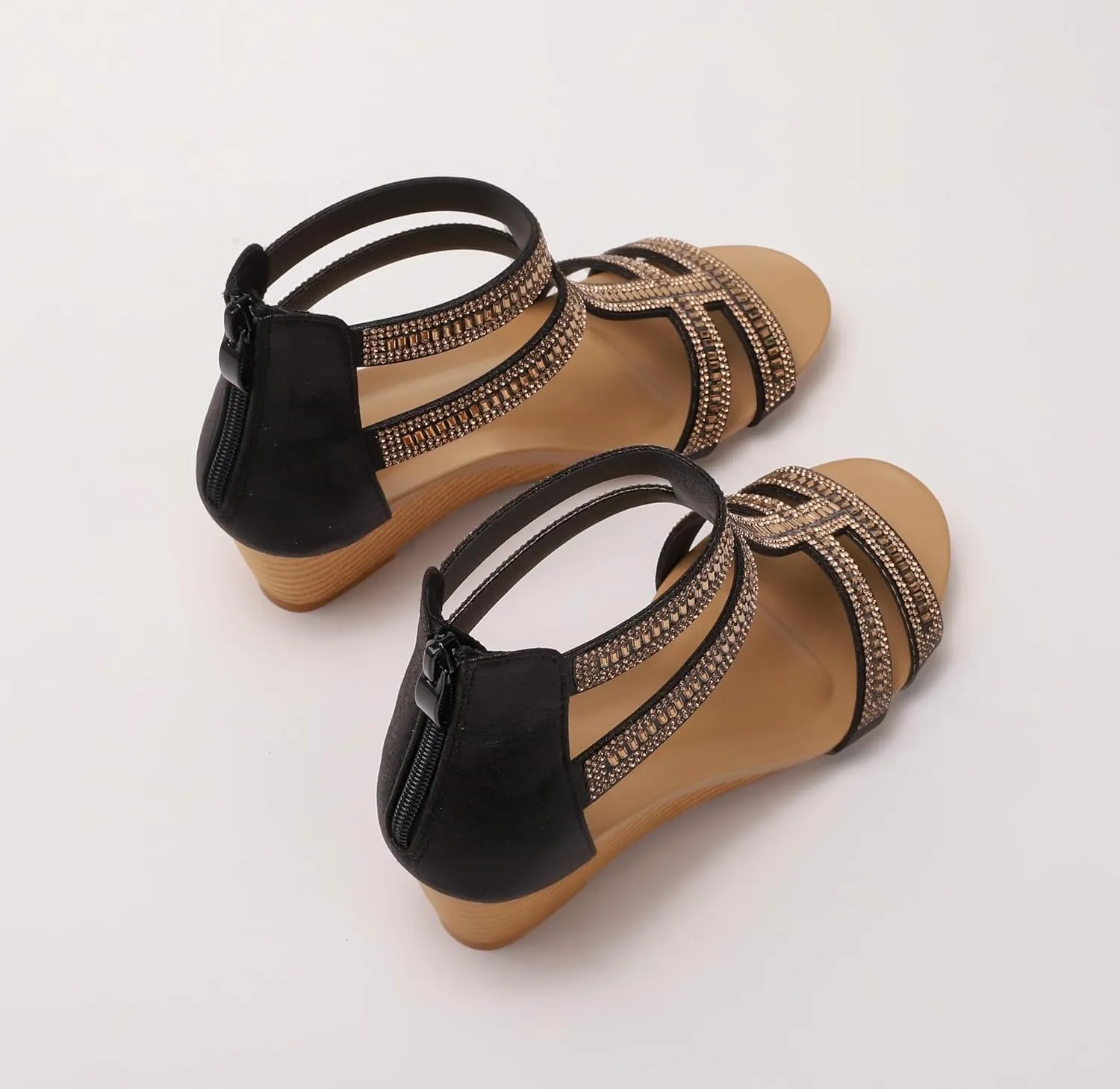 FRALOSHA Wedge Sandals for Women Ankle Strap Rhinestone Sandal Dressy Summer Heel Beach Casual Shoes