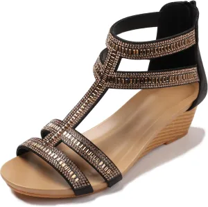 FRALOSHA Wedge Sandals for Women Ankle Strap Rhinestone Sandal Dressy Summer Heel Beach Casual Shoes