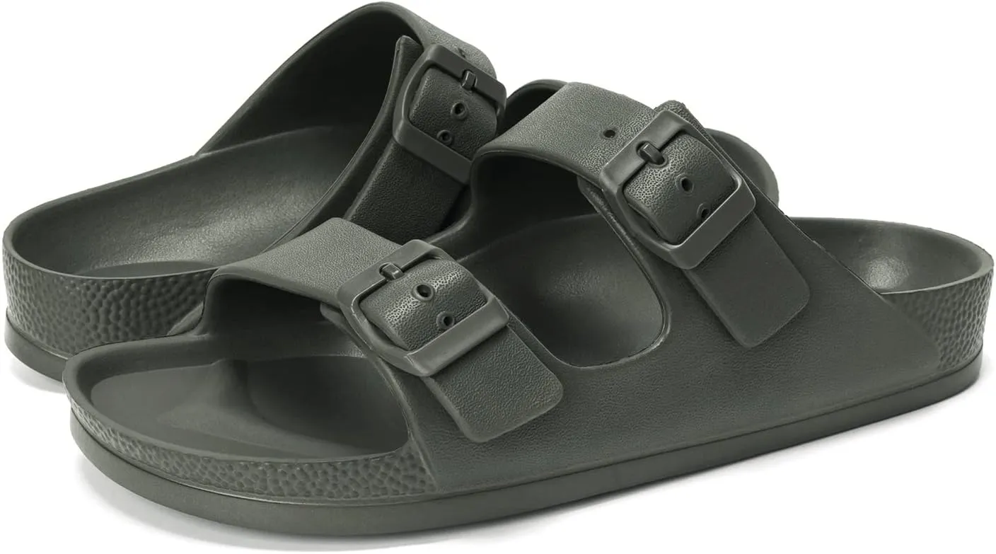 FUNKYMONKEY Women's Comfort Slides Double Buckle Adjustable Plastics Flat Sandals