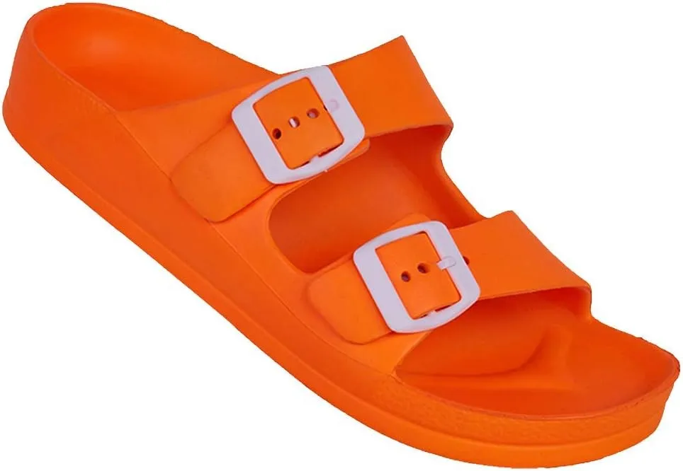 FUNKYMONKEY Women's Comfort Slides Double Buckle Adjustable Plastics Flat Sandals
