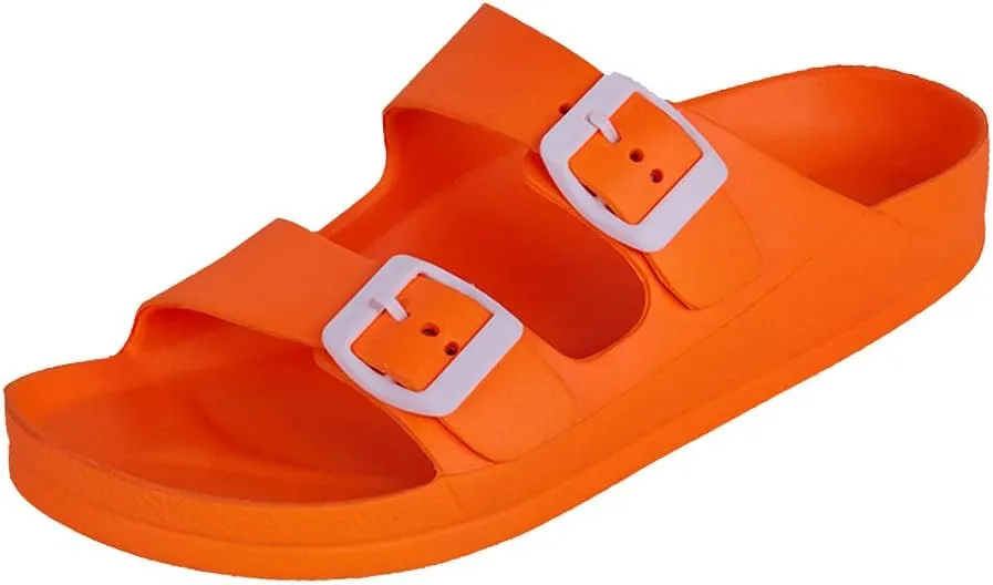 FUNKYMONKEY Women's Comfort Slides Double Buckle Adjustable Plastics Flat Sandals
