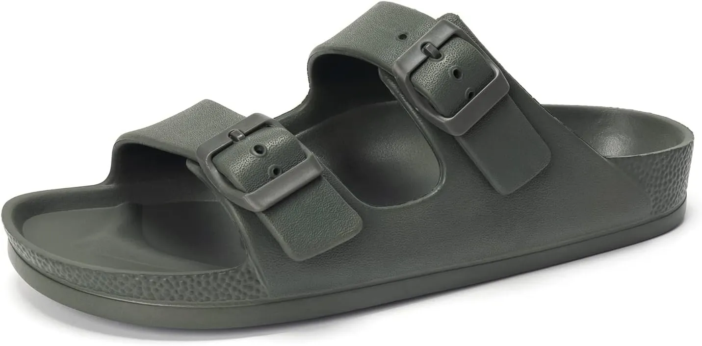 FUNKYMONKEY Women's Comfort Slides Double Buckle Adjustable Plastics Flat Sandals