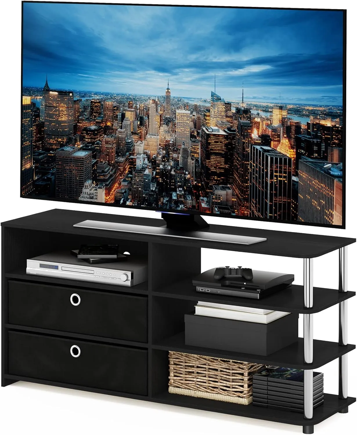 Furinno JAYA Simple Design TV Stand for up to 55-Inch with Bins, Americano, Stainless Steel Tubes