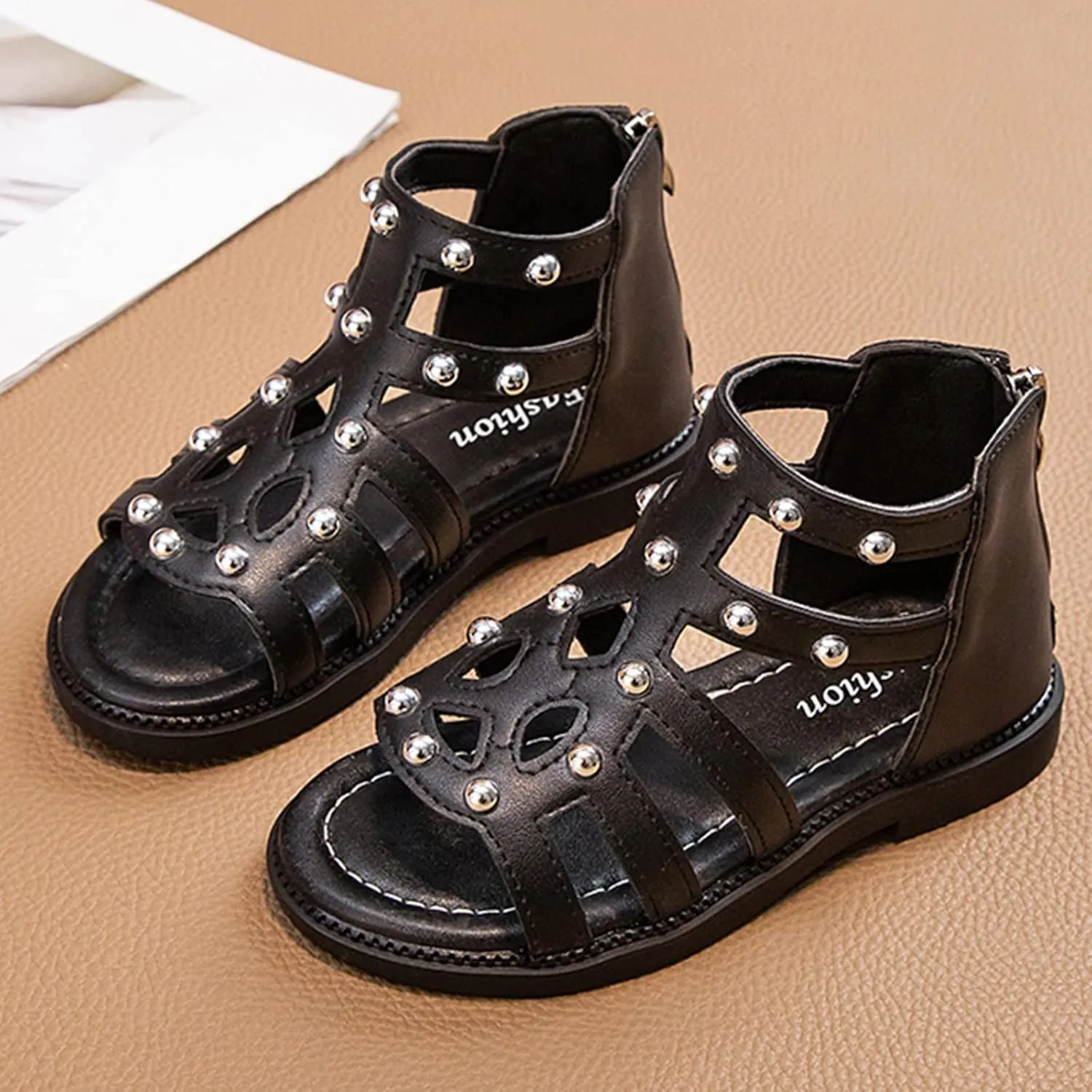 Girls Sandal Summer High Top Dress Shoes Non Slip Open Toe Beach Sandal Toddler Leather Zipper Back Pumps