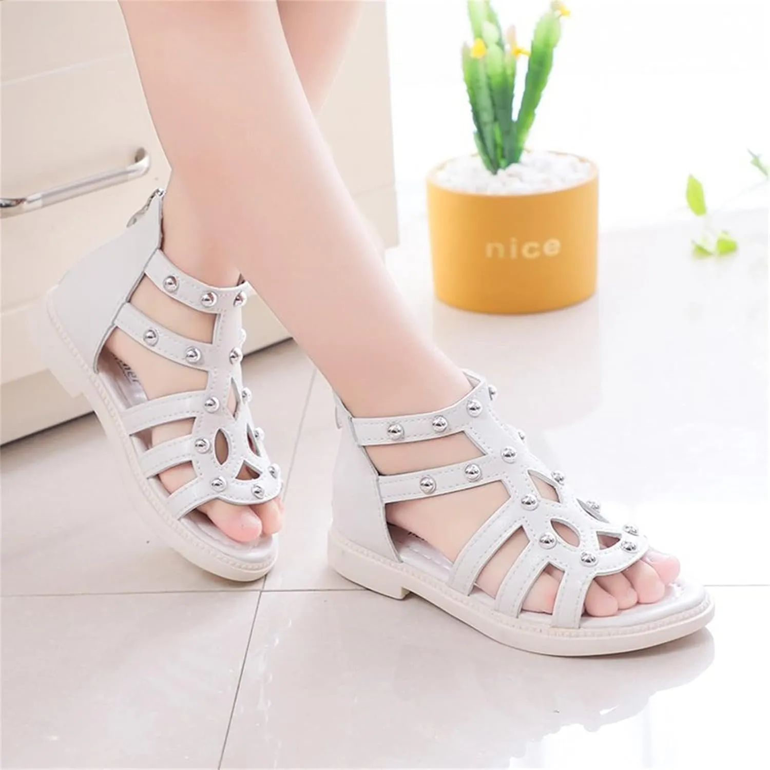 Girls Sandal Summer High Top Dress Shoes Non Slip Open Toe Beach Sandal Toddler Leather Zipper Back Pumps