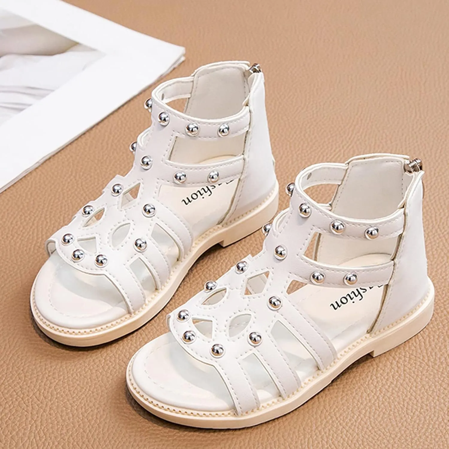Girls Sandal Summer High Top Dress Shoes Non Slip Open Toe Beach Sandal Toddler Leather Zipper Back Pumps