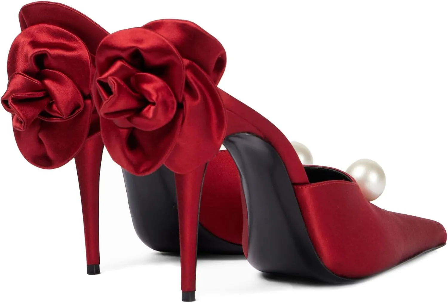 Goolita Flower Burgundy Pearl Mule Heels For Women, Stiletto Heel Slip On Pointed Toe Heeled Sandals Sexy Backless Party Heeled Slide Sandals