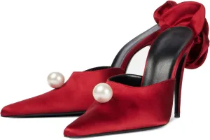 Goolita Flower Burgundy Pearl Mule Heels For Women, Stiletto Heel Slip On Pointed Toe Heeled Sandals Sexy Backless Party Heeled Slide Sandals