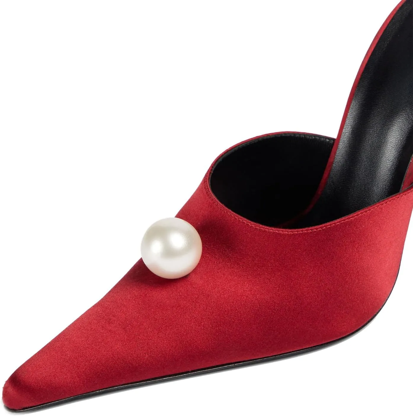 Goolita Flower Burgundy Pearl Mule Heels For Women, Stiletto Heel Slip On Pointed Toe Heeled Sandals Sexy Backless Party Heeled Slide Sandals