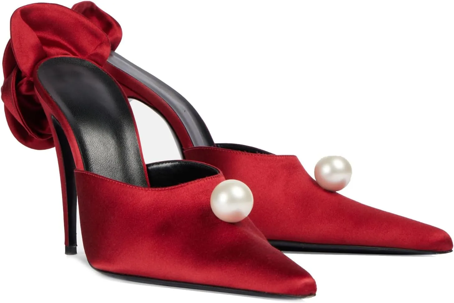 Goolita Flower Burgundy Pearl Mule Heels For Women, Stiletto Heel Slip On Pointed Toe Heeled Sandals Sexy Backless Party Heeled Slide Sandals