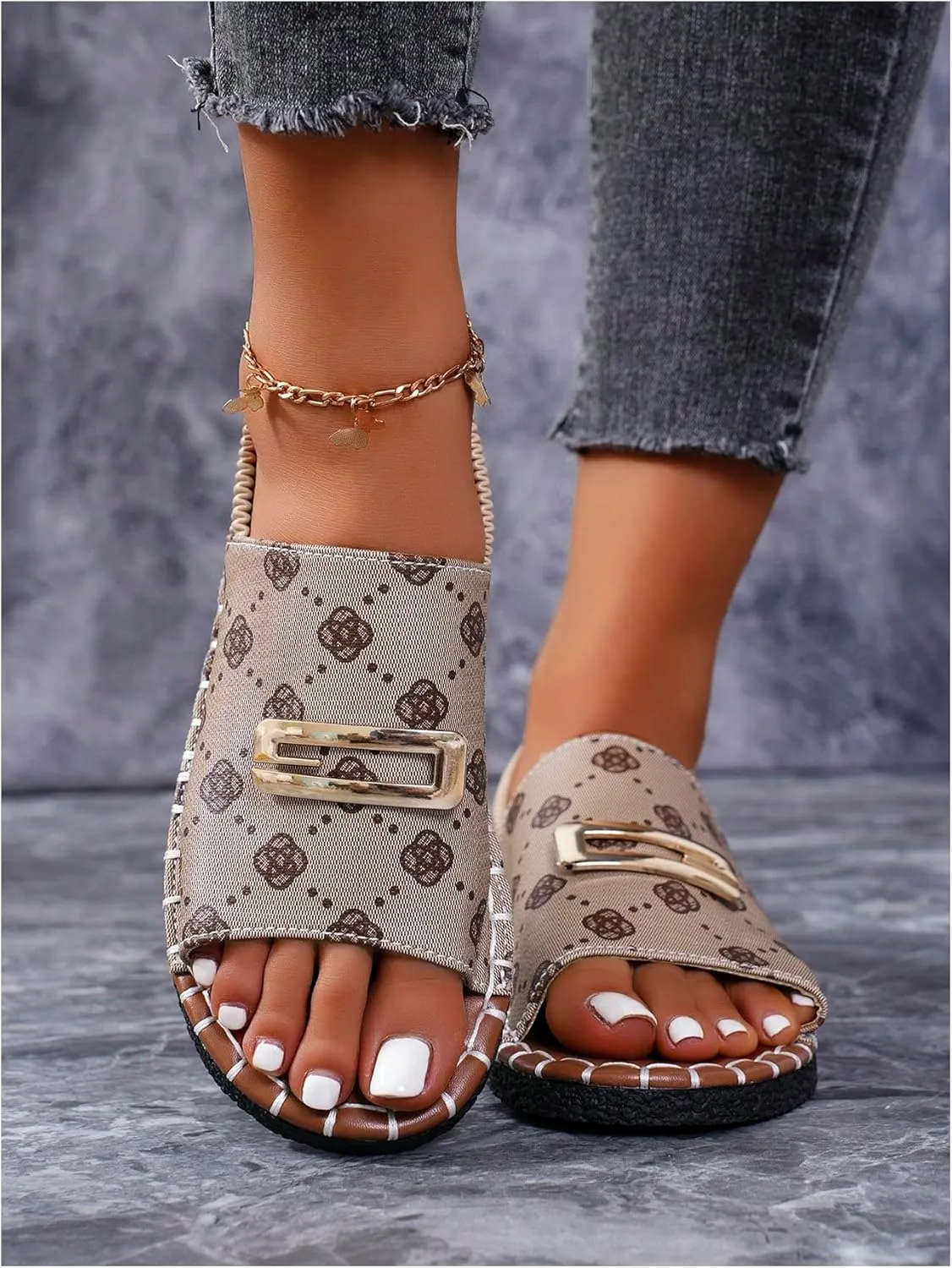 GORGLITTER Women's Metal Summer Sandals Open Toe Dressy Flat Slides with Back Strap