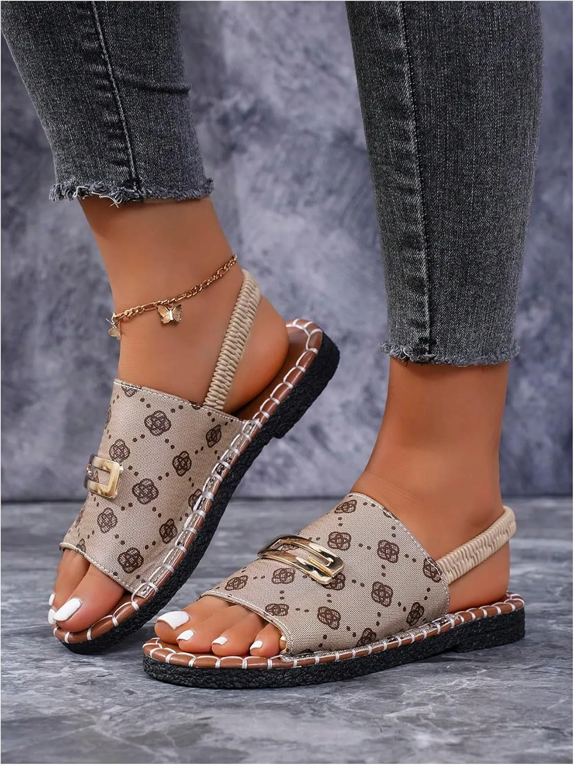 GORGLITTER Women's Metal Summer Sandals Open Toe Dressy Flat Slides with Back Strap