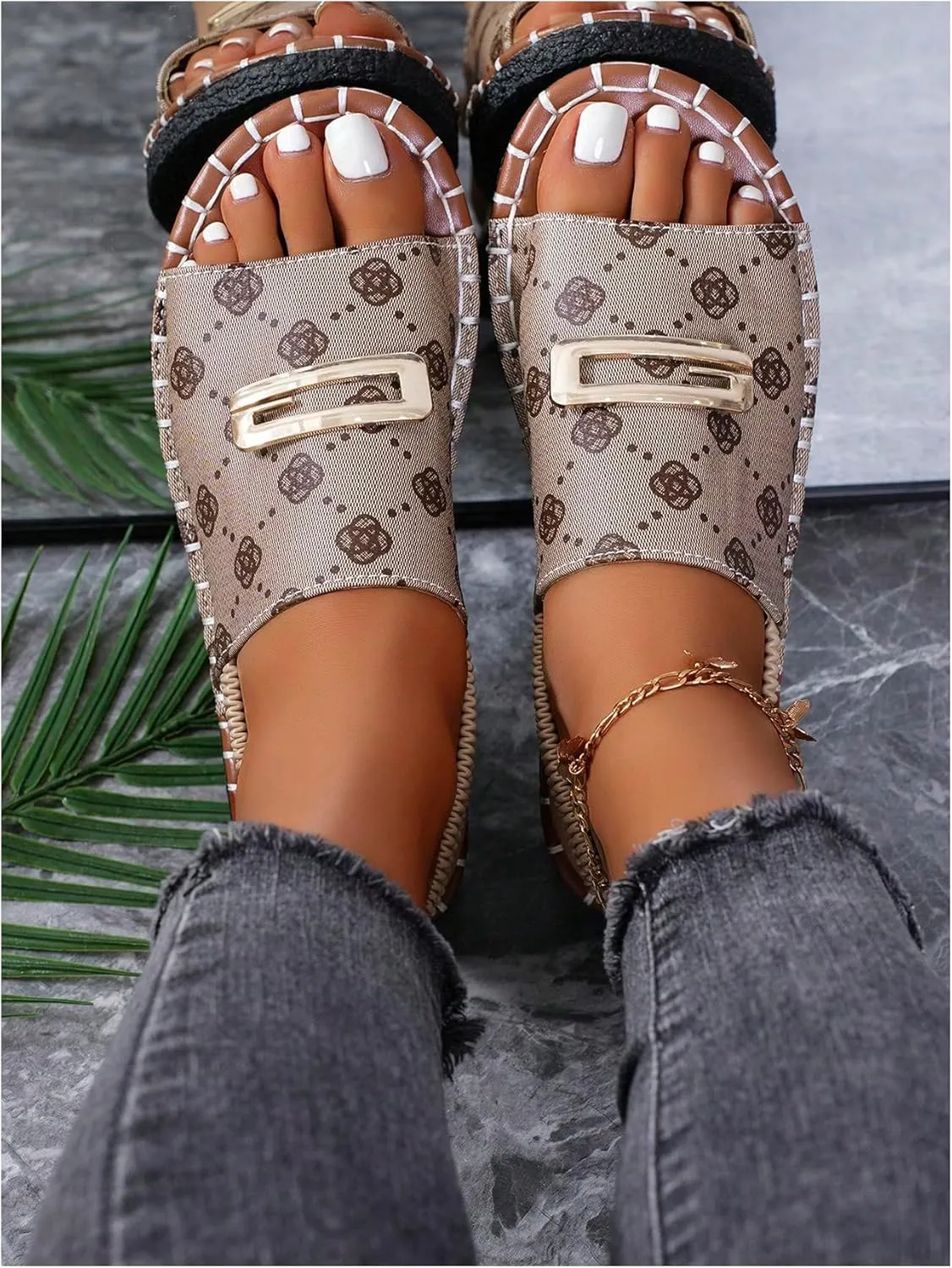 GORGLITTER Women's Metal Summer Sandals Open Toe Dressy Flat Slides with Back Strap