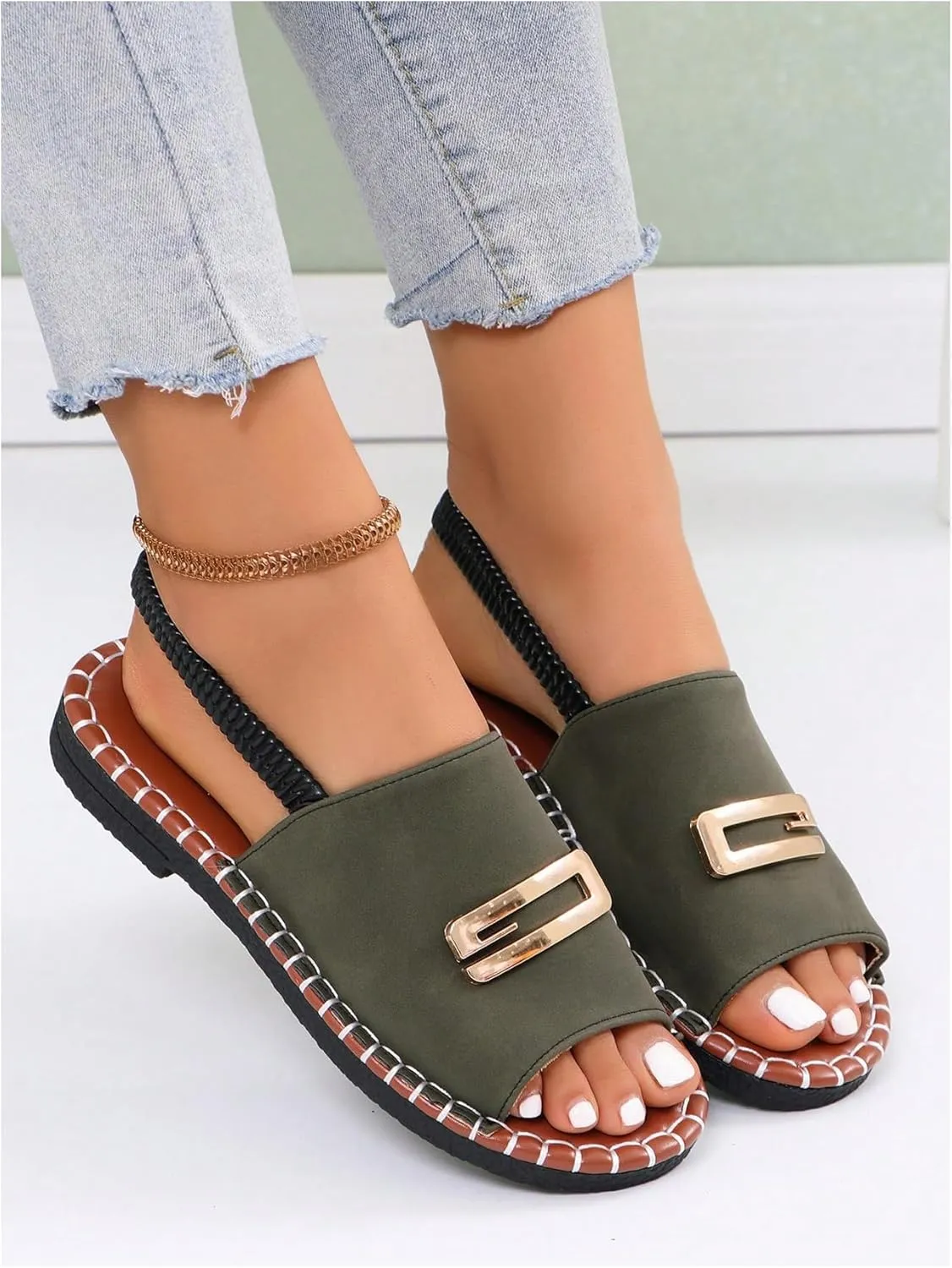 GORGLITTER Women's Metal Summer Sandals Open Toe Dressy Flat Slides with Back Strap