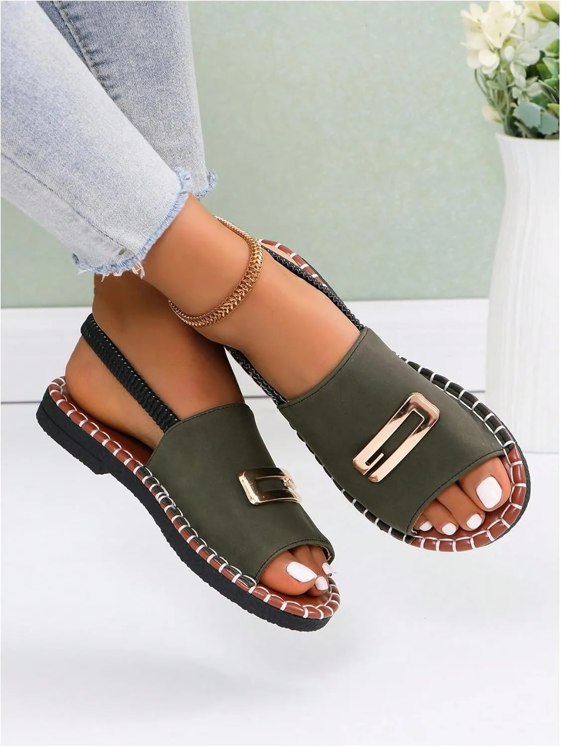 GORGLITTER Women's Metal Summer Sandals Open Toe Dressy Flat Slides with Back Strap